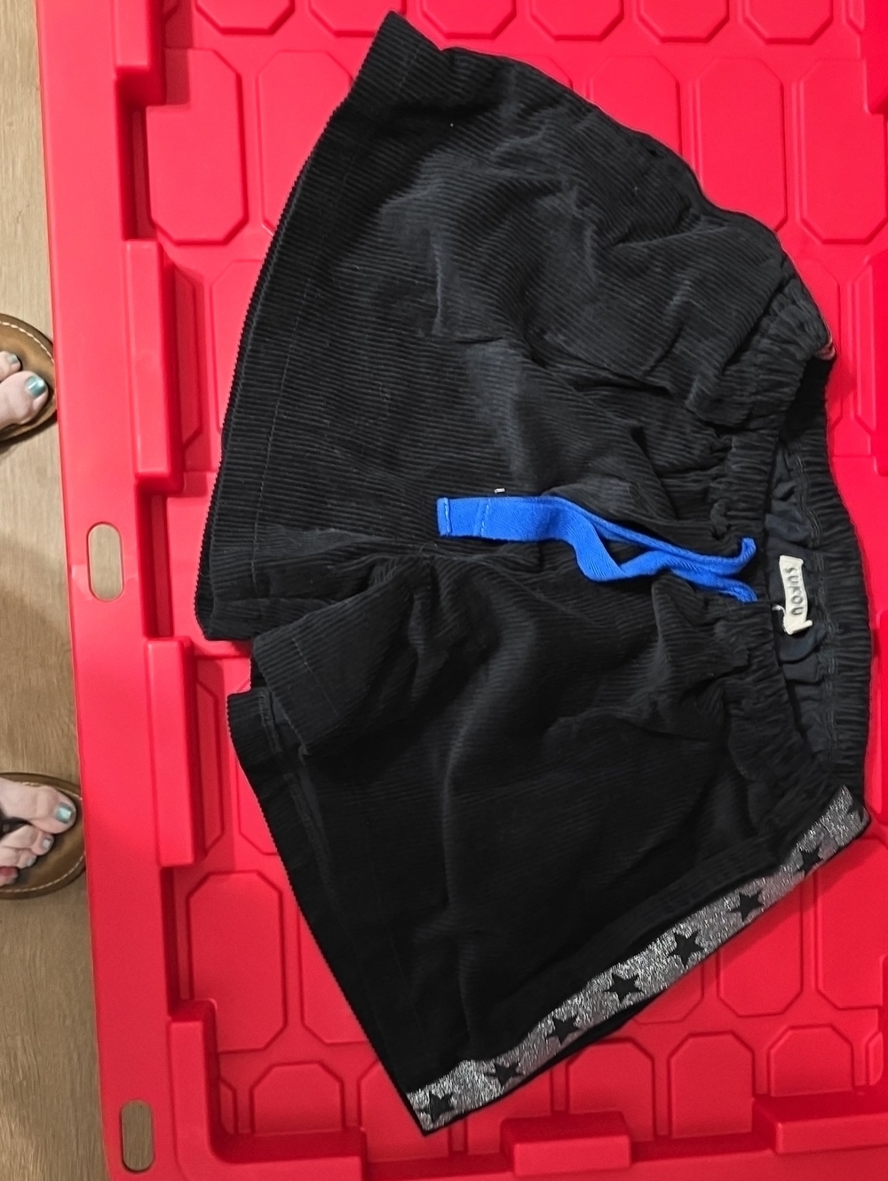 Kids Black Corduroy Shorts with Blue Drawstring